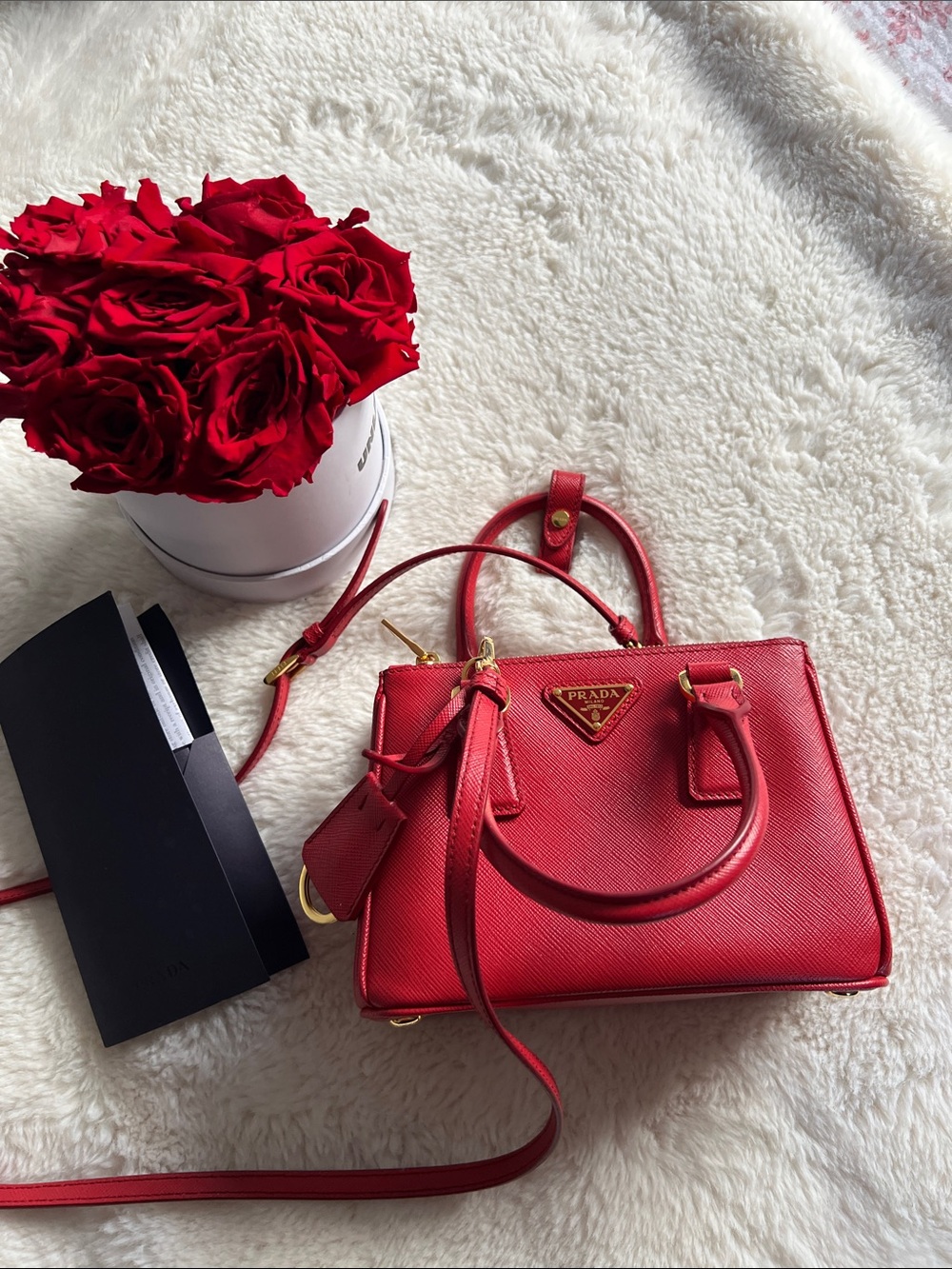 Prada Red Saffiano Leather Mini Satchel with Gold-Tone Logo